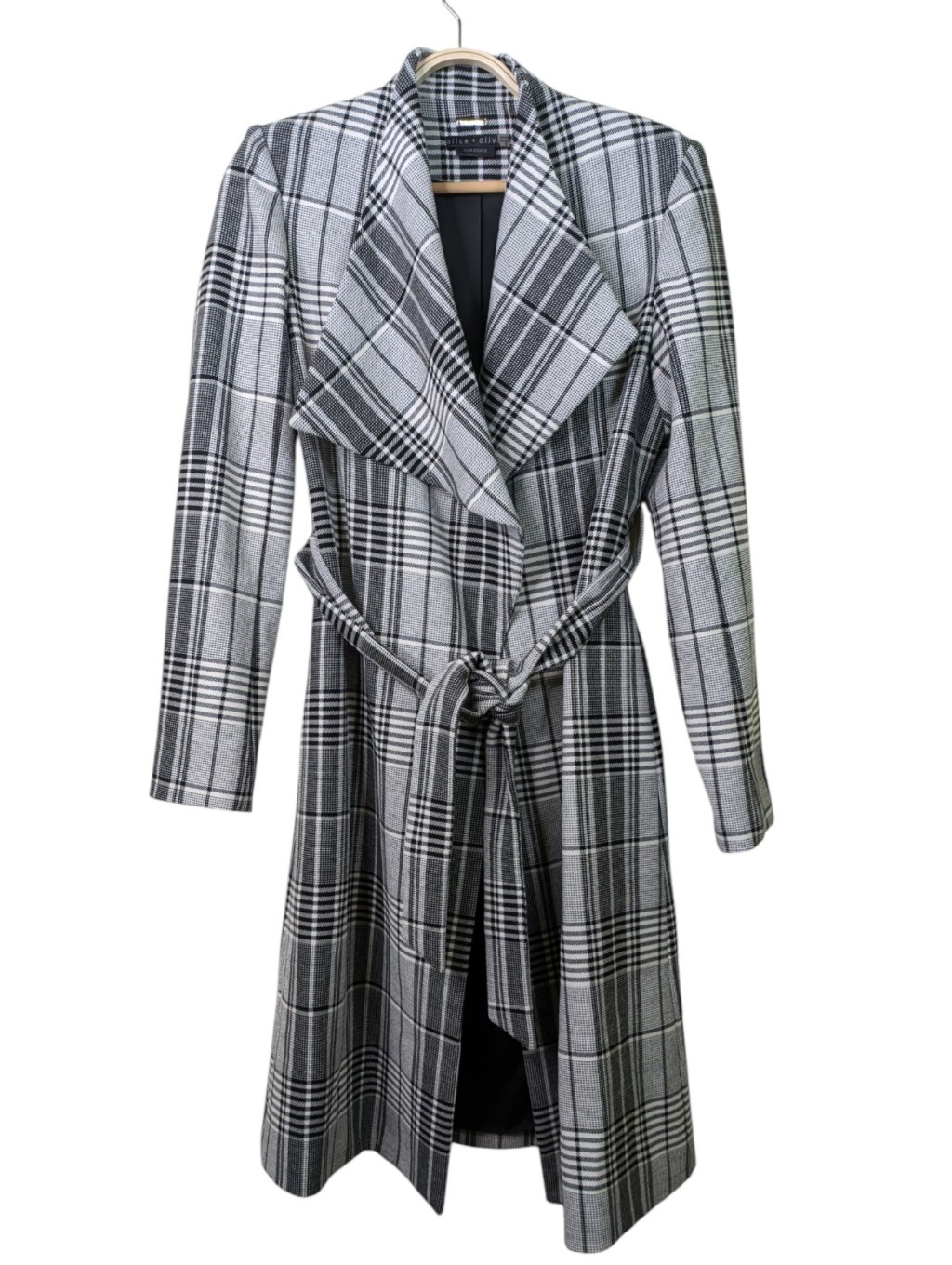 Alice + Olivia Ginny Wrap Trench Coat Jacket Xs Black Plaid Belted Quiet Luxury